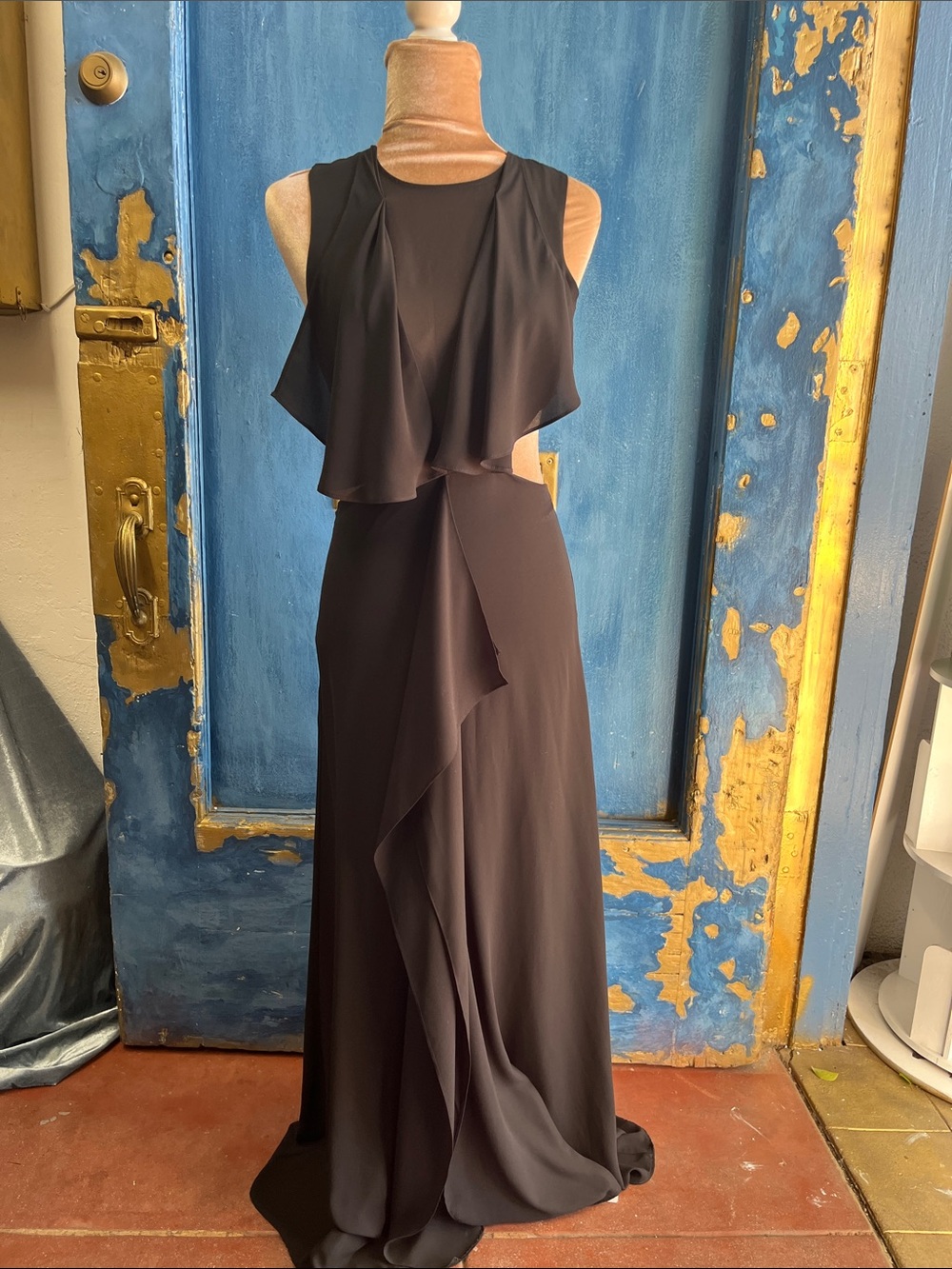 BCBGMaxAzria Black Sleeveless Ruffle-Overlay Maxi Dress